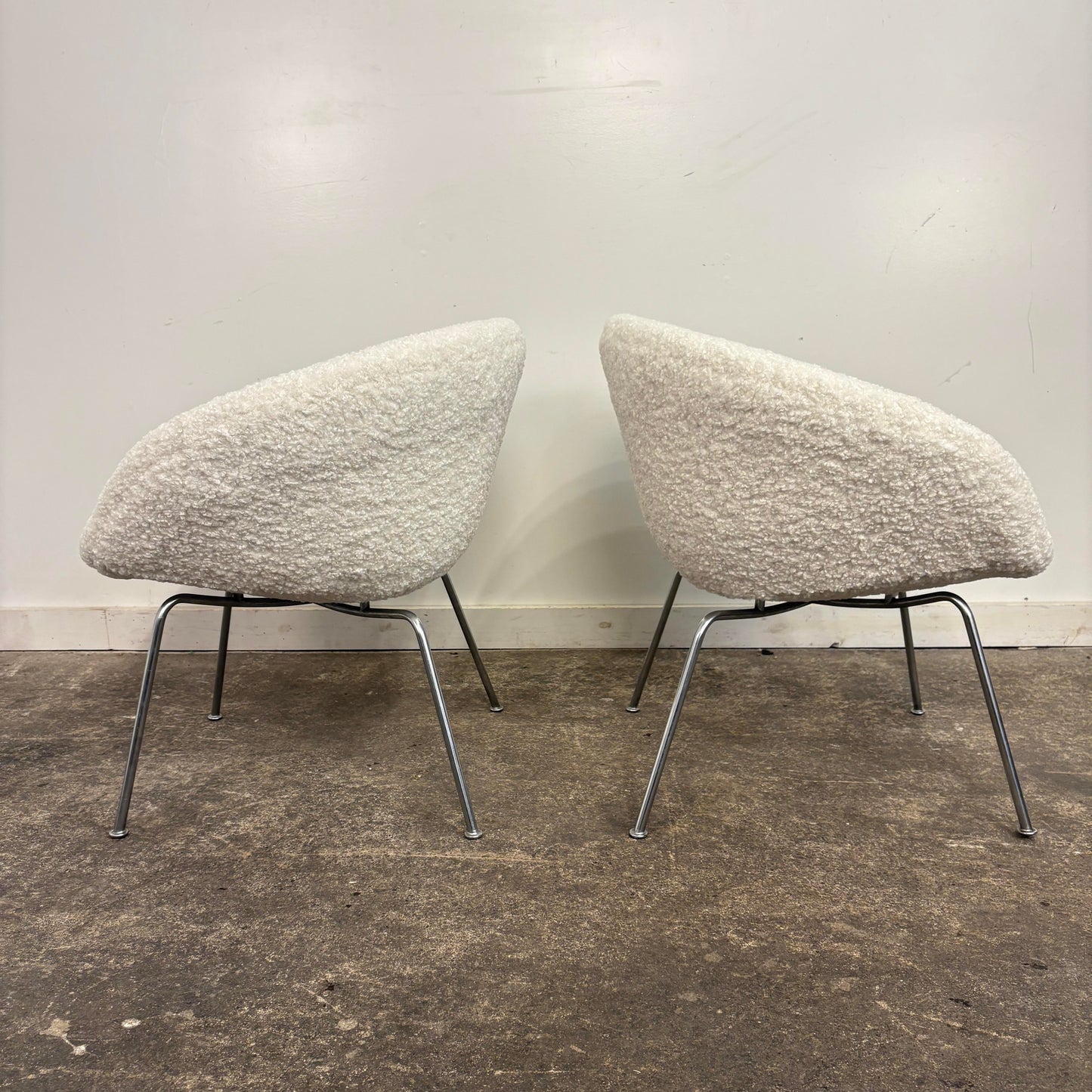 Pair of Arne Jacobsen Pot Chairs Reupholstered in Faux White Shearling