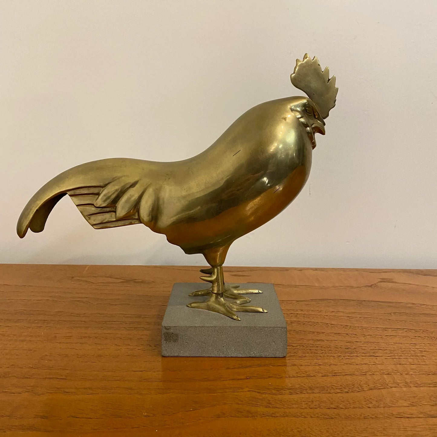 Large Italian Brass Rooster Chicken Statue on Stone Base