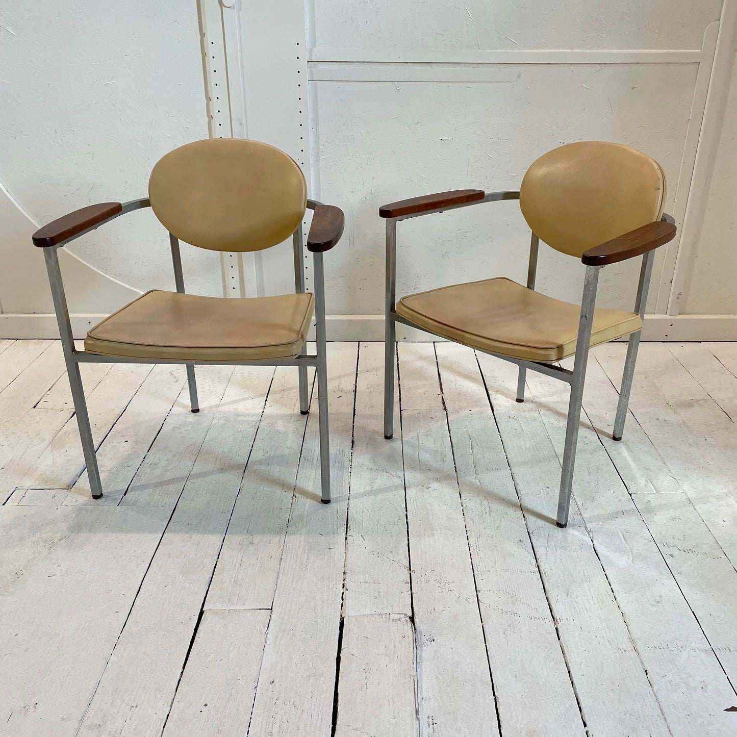 Mid 20th Century Metal Frame Chairs With Wood Arms - a Pair