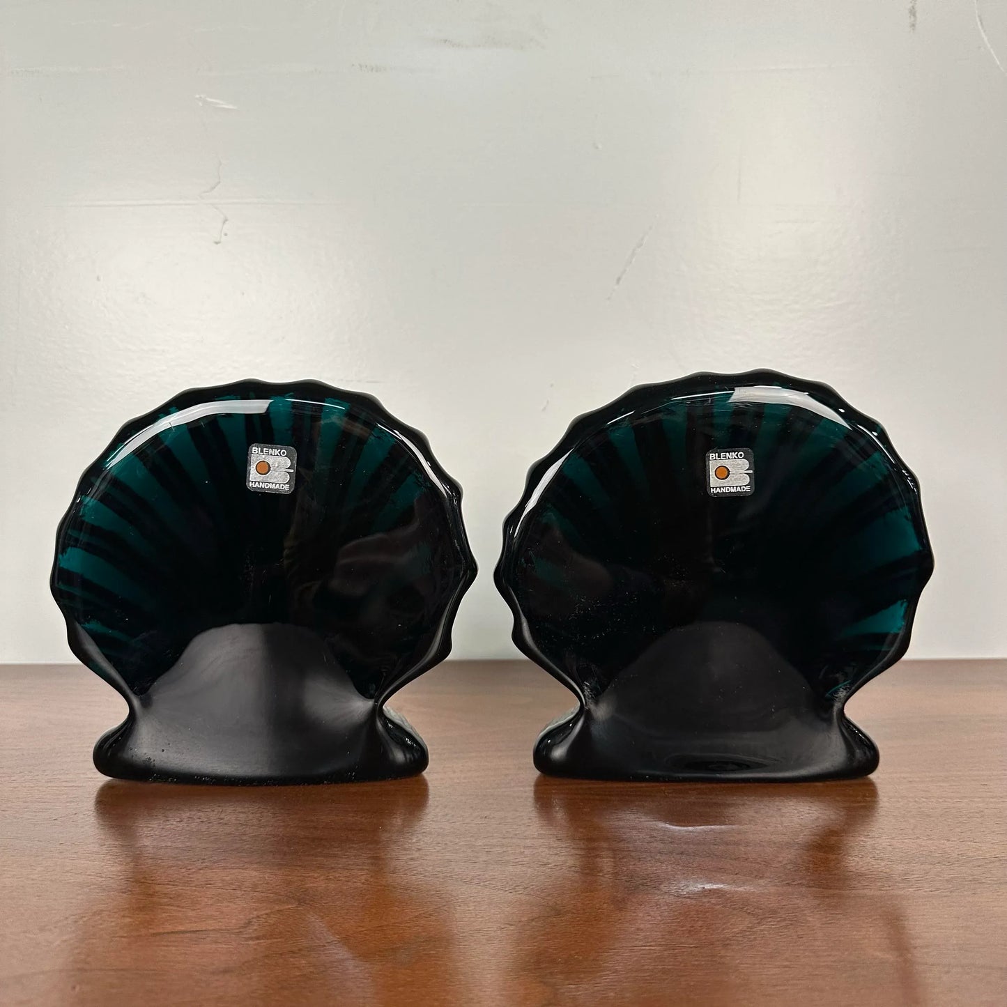 Pair of Blenko Glass Green Teal Clam Shell Bookends