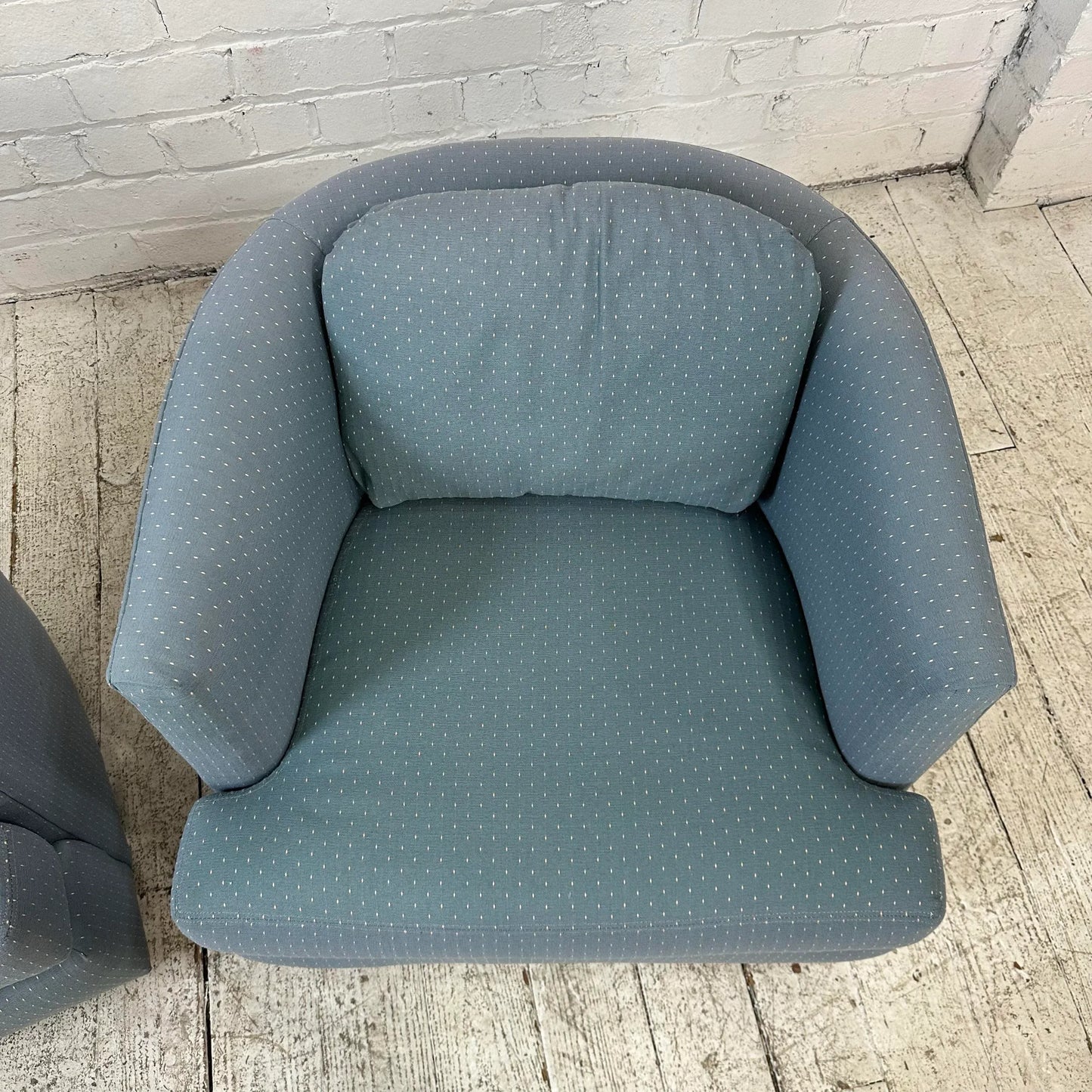 Pair of Drexel Blue Barrel Back Chairs on Casters