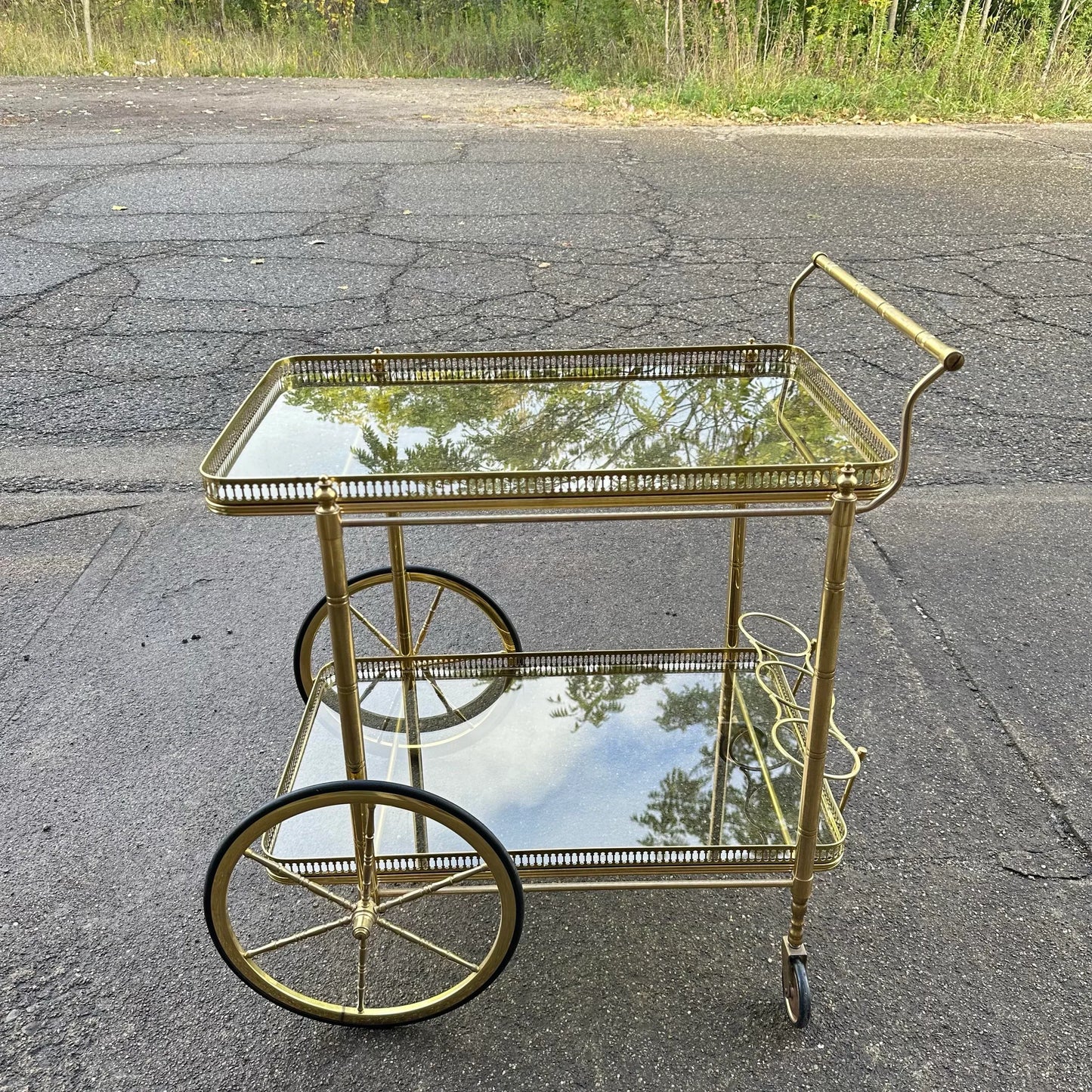 Maison Jansen Style Two Tiered Brass Bar Cart Hollywood Regency