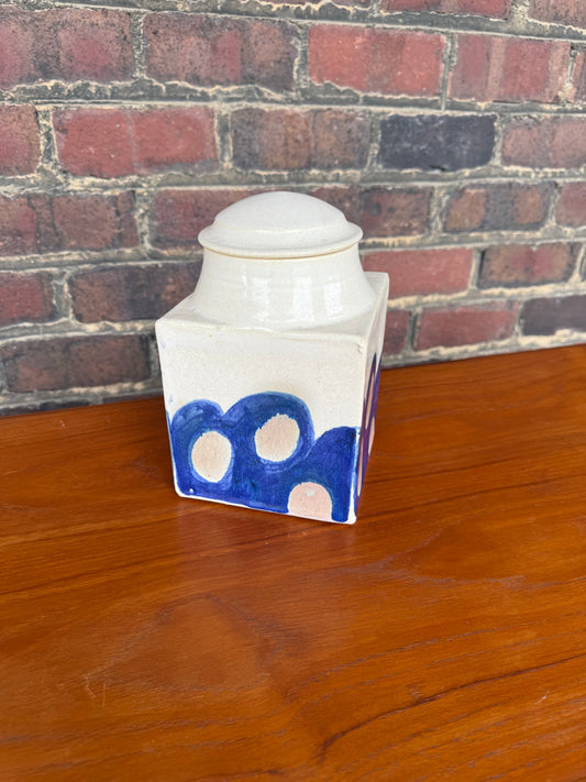 Ceramic Lidded Jar With a Blue Modern Pottery Design Signed