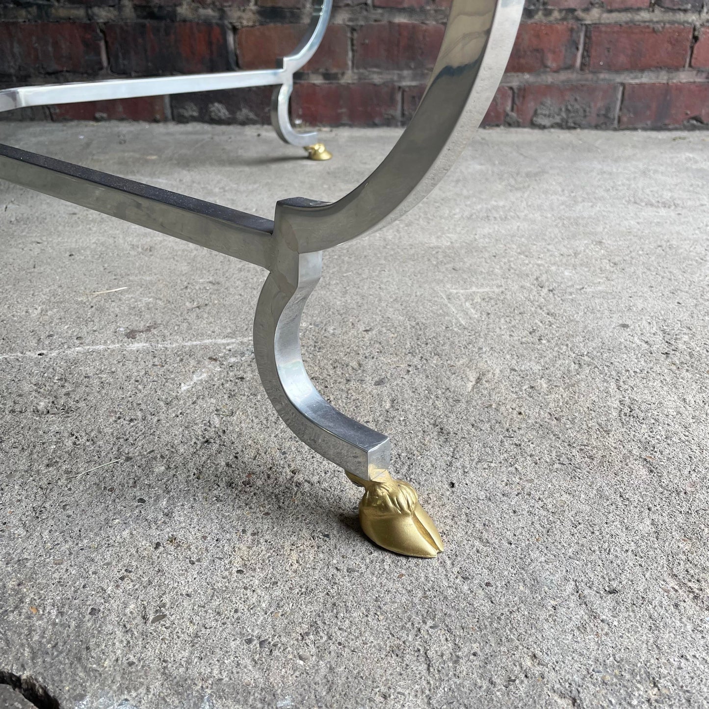 Mid 20th Century Square Chrome and Brass Hoof Base Coffee Table with Glass Top