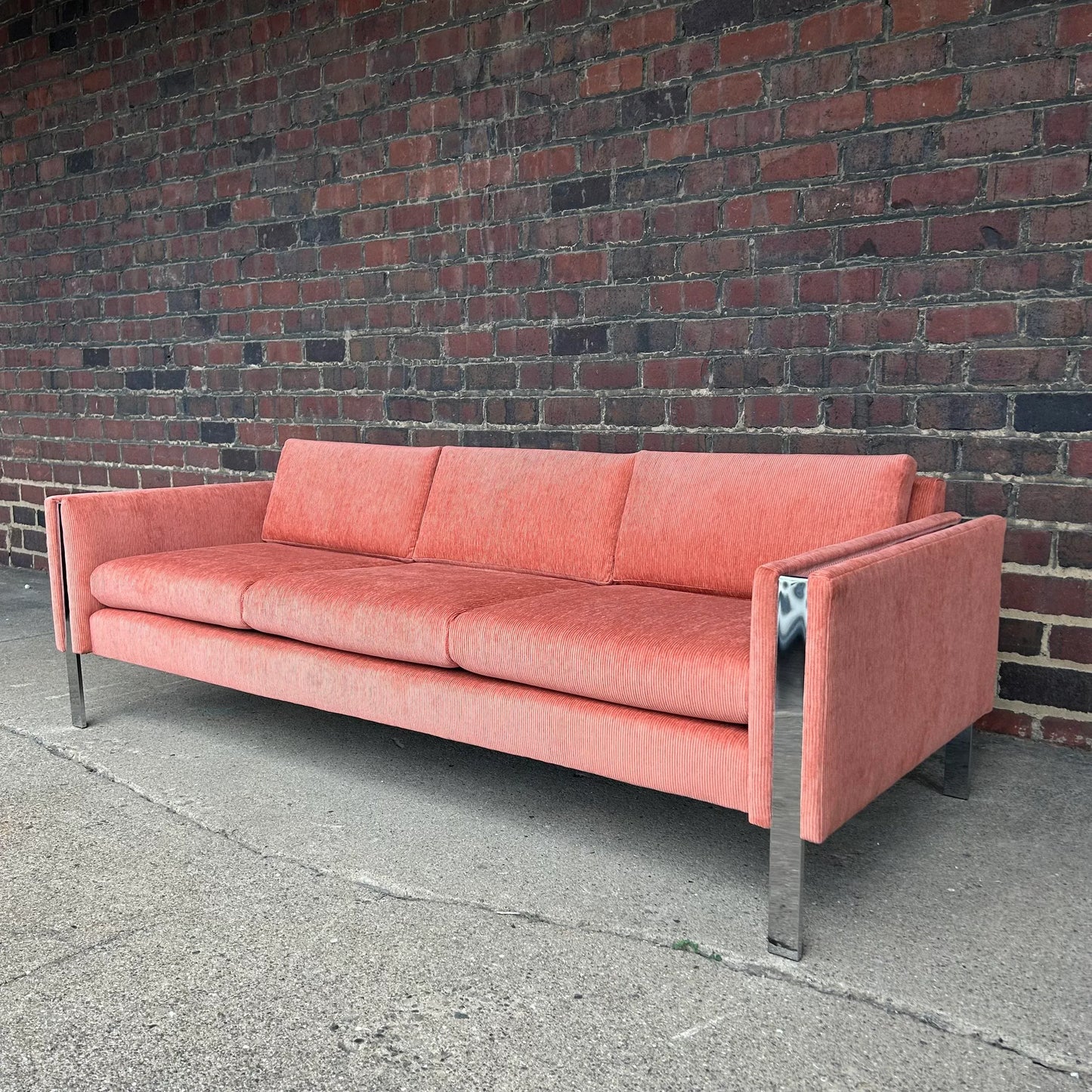 Reupholstered Milo Baughman Style Chrome Sofa in Crypton Salmon Corduroy
