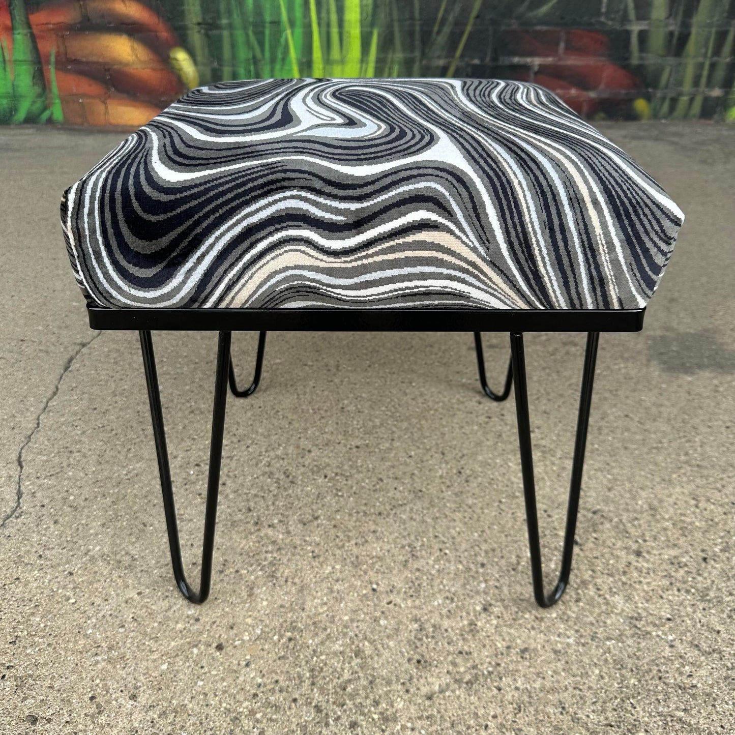 Reupholstered and Powder Coated Hairpin Leg Magazine Rack Ottoman