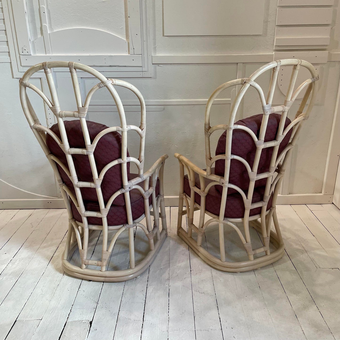 1970s Vintage Tall Back Bamboo Wing Chairs - a Pair