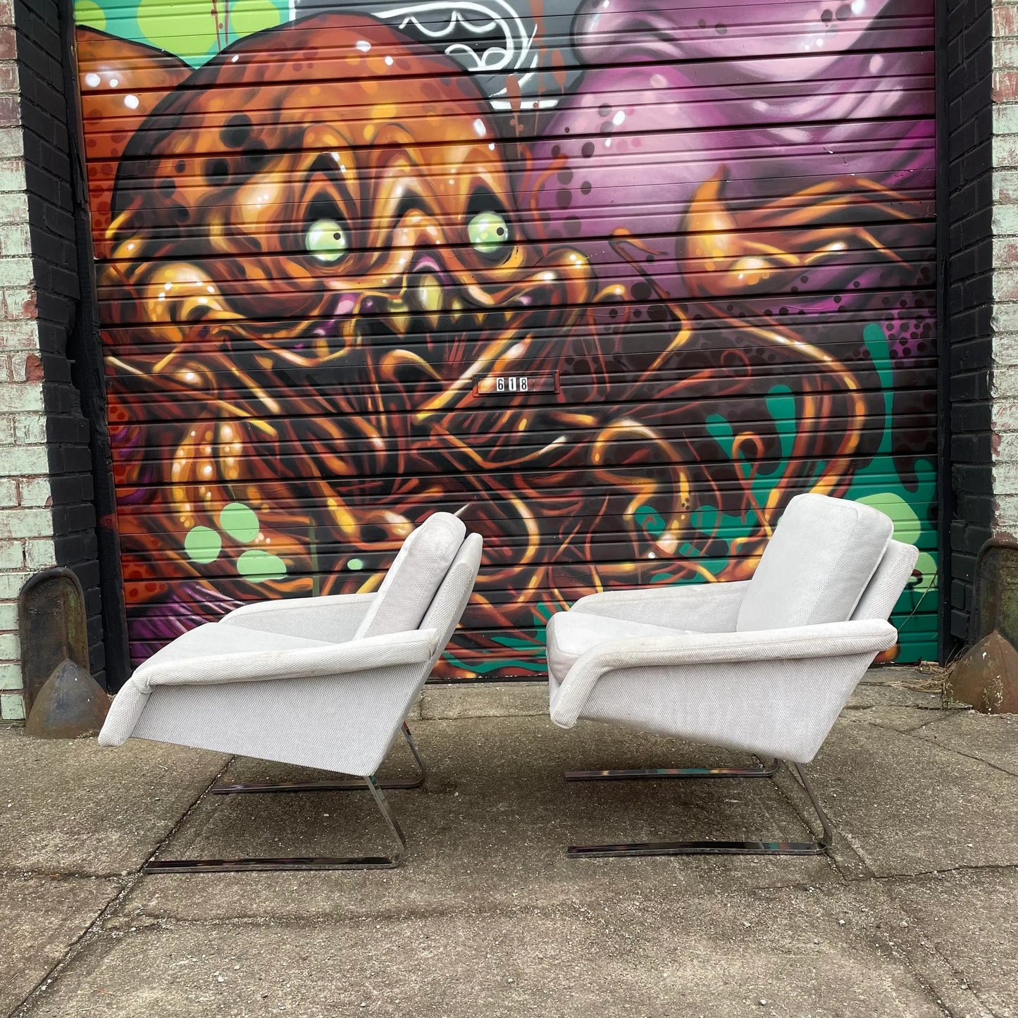 Pair of 1980’s Chrome Base Lounge Chairs Cantilevered