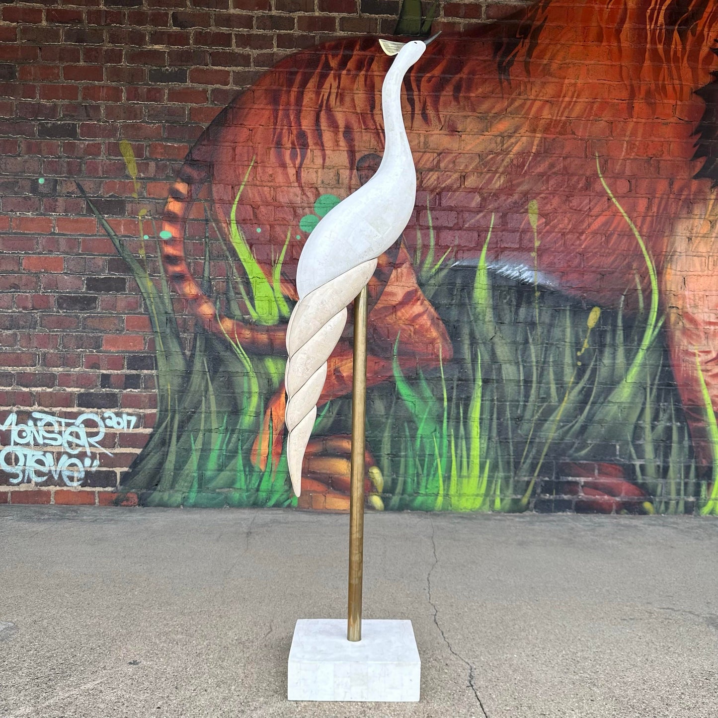 Large Maitland Smith Tessellated Marble Crane Sculpture 71 Inches Tall