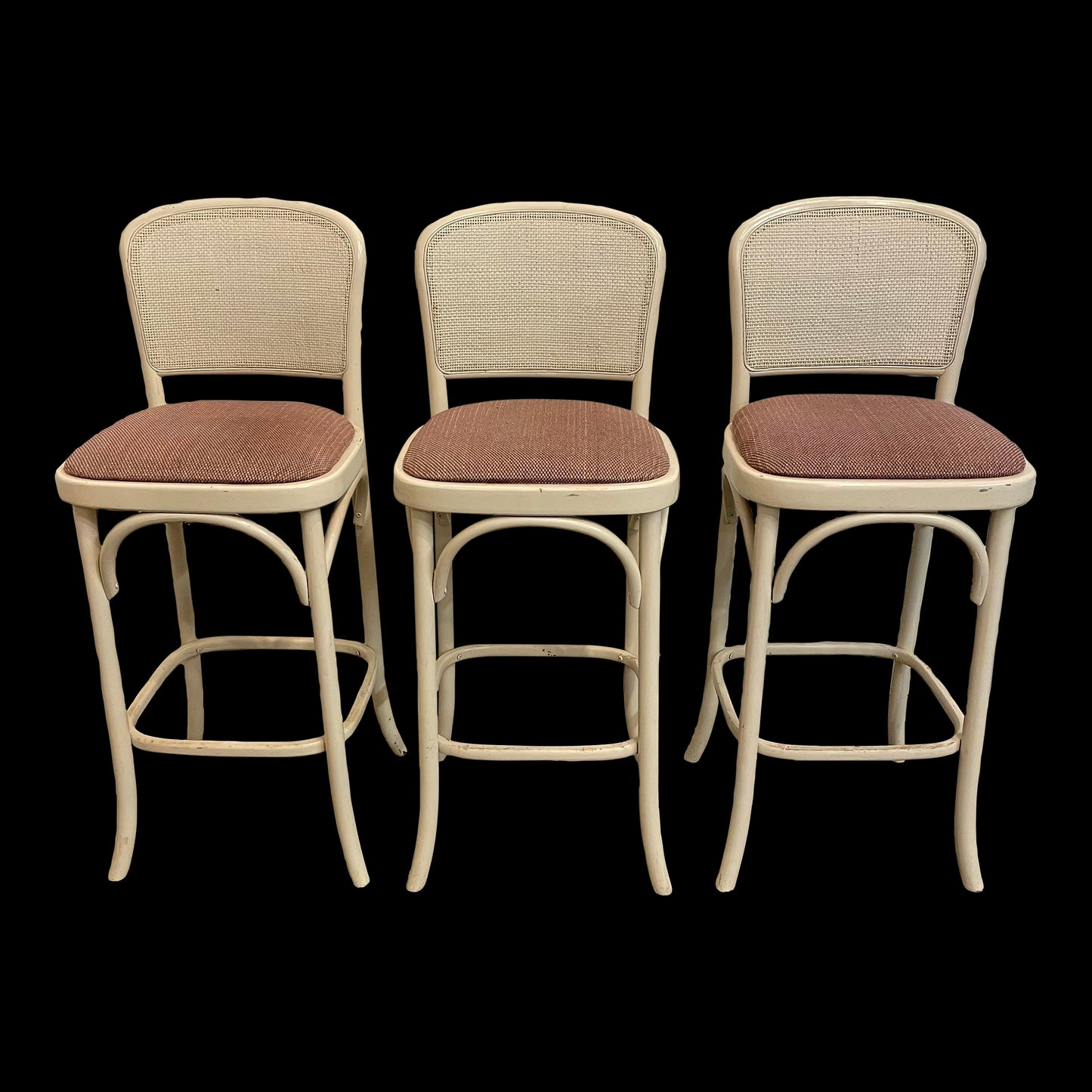 Mid Century Modern Bar Stools with Caned Back - Set of 3