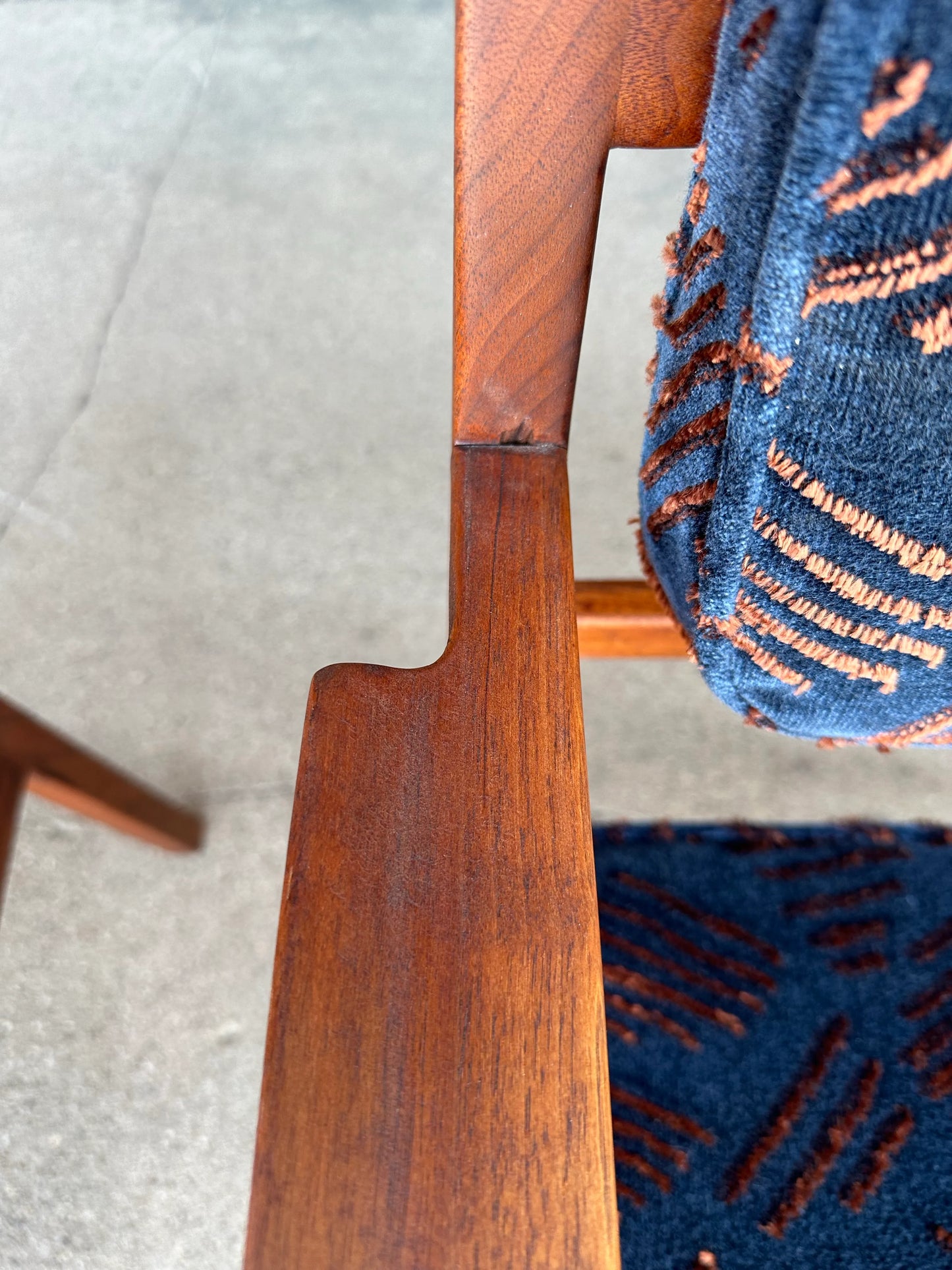 Pair of Walnut Jens Risom Arm Chairs in Jack Lenor Larsen Fabric
