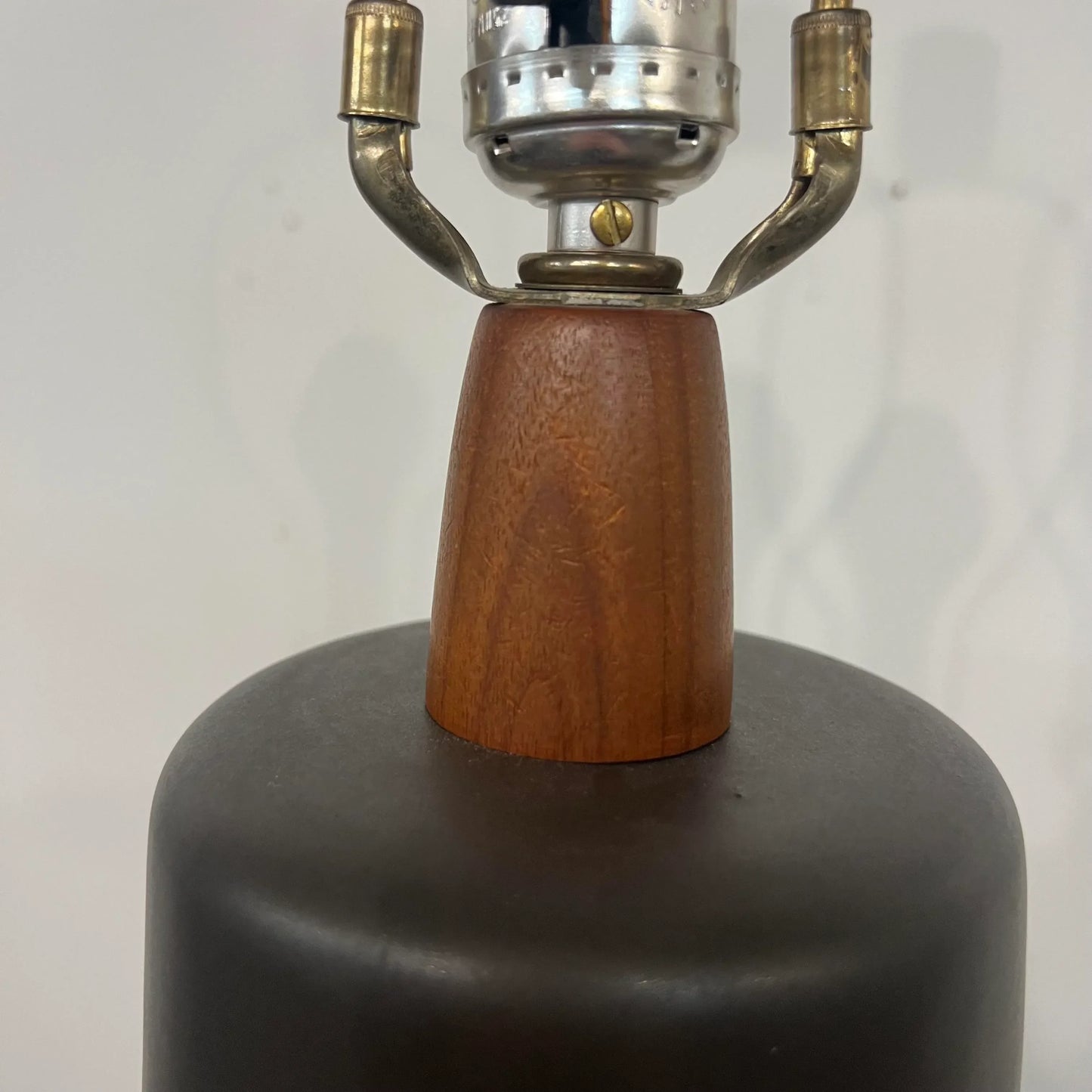 Large Martz Ceramic and Walnut Table Lamp Original Shade and Finial