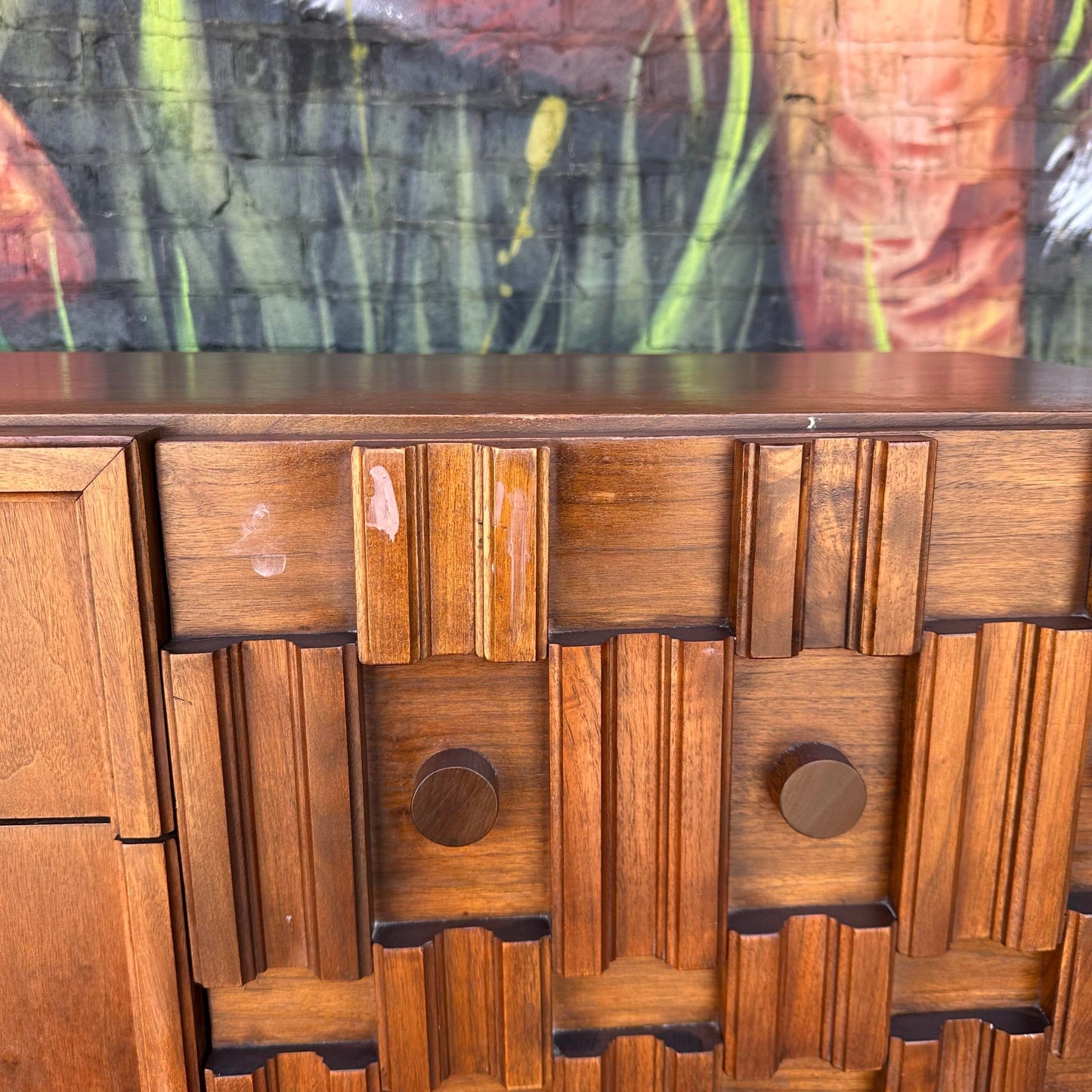 Mid Century Modern Brutalist Walnut Credenza