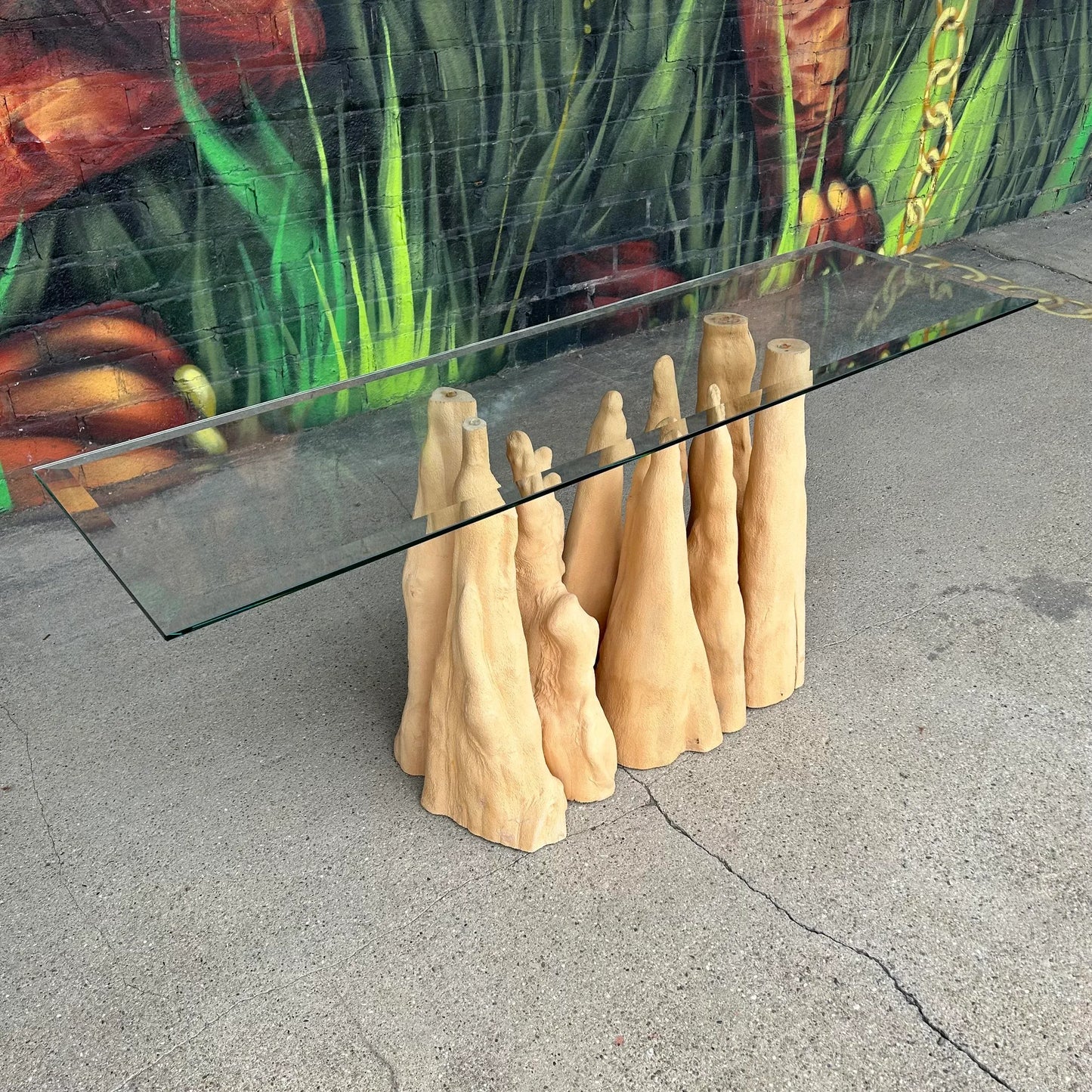 1970s Cypress Wood and Glass Console Table