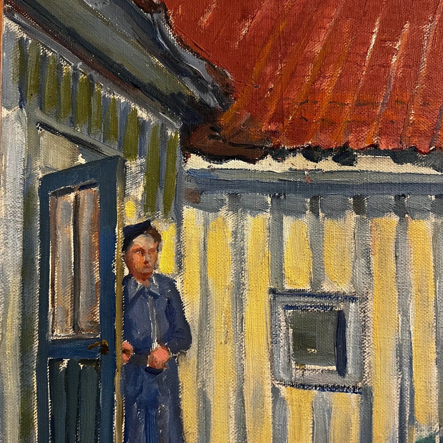 Mid Century Courtyard Oil Painting Husband and Wife