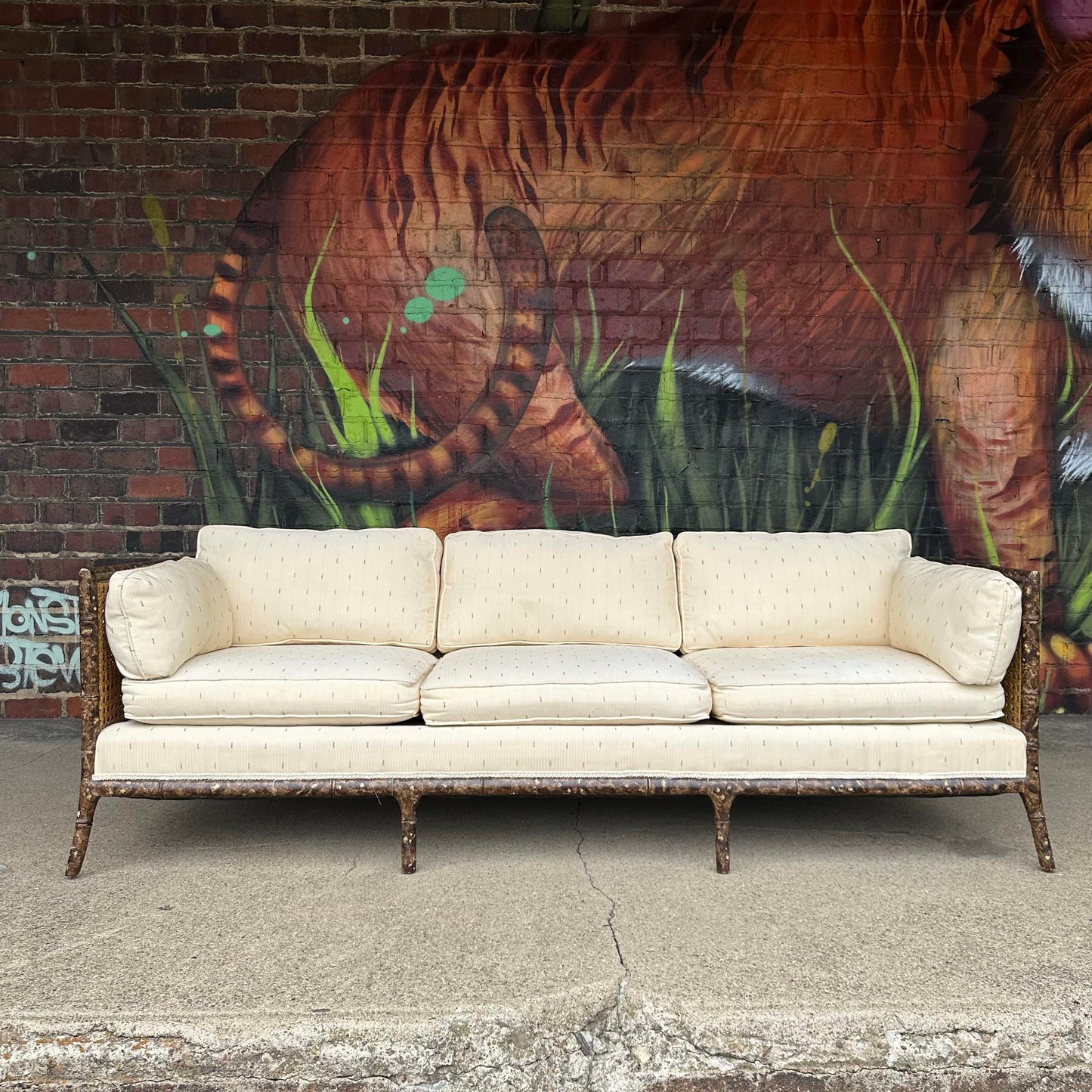Vintage Faux Bamboo Sofa With Caned Arms in Style of Robsjohn Gibbings Mid-Century Modern