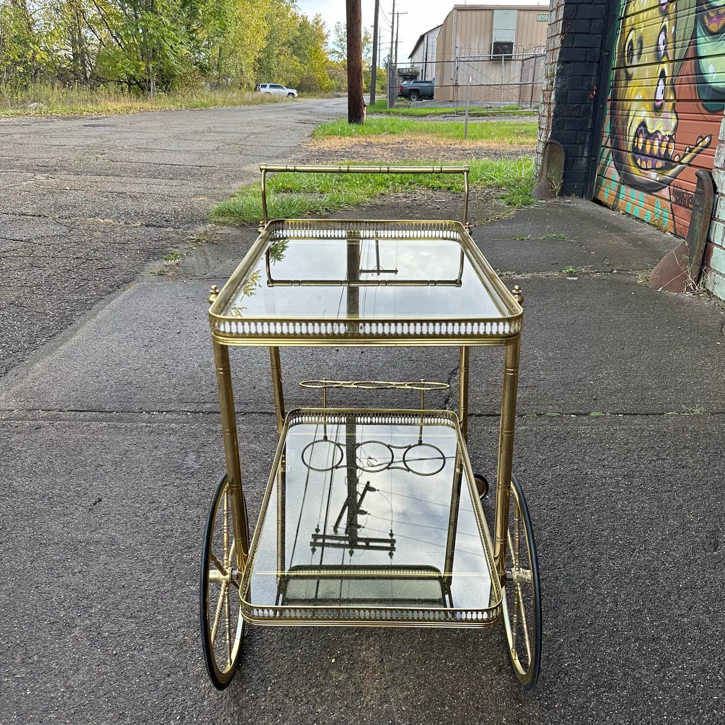Maison Jansen Style Two Tiered Brass Bar Cart Hollywood Regency