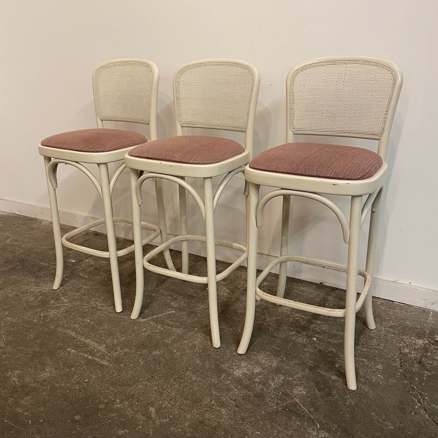 Mid Century Modern Bar Stools with Caned Back - Set of 3