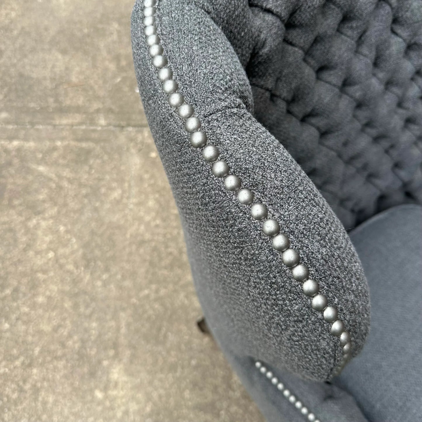 Antique Tufted Tall Winged Back Lounge Chair Reupholstered Nailhead Trim