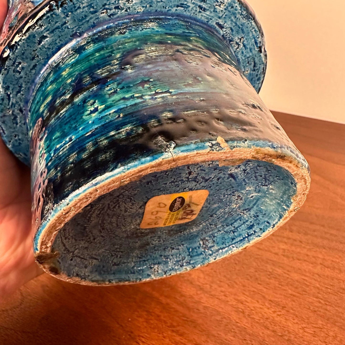 Mid Century Modern Italian Bitossi Rimini Blue Green Pottery Vase for Raymor