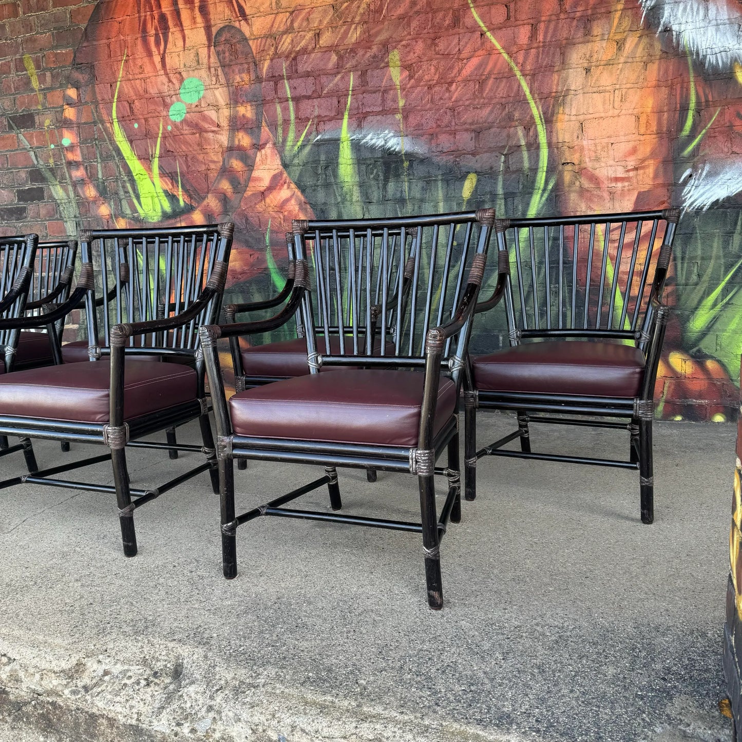 Set of 8 McGuire Furniture Co Ebonized Bamboo Rattan Dining Chairs