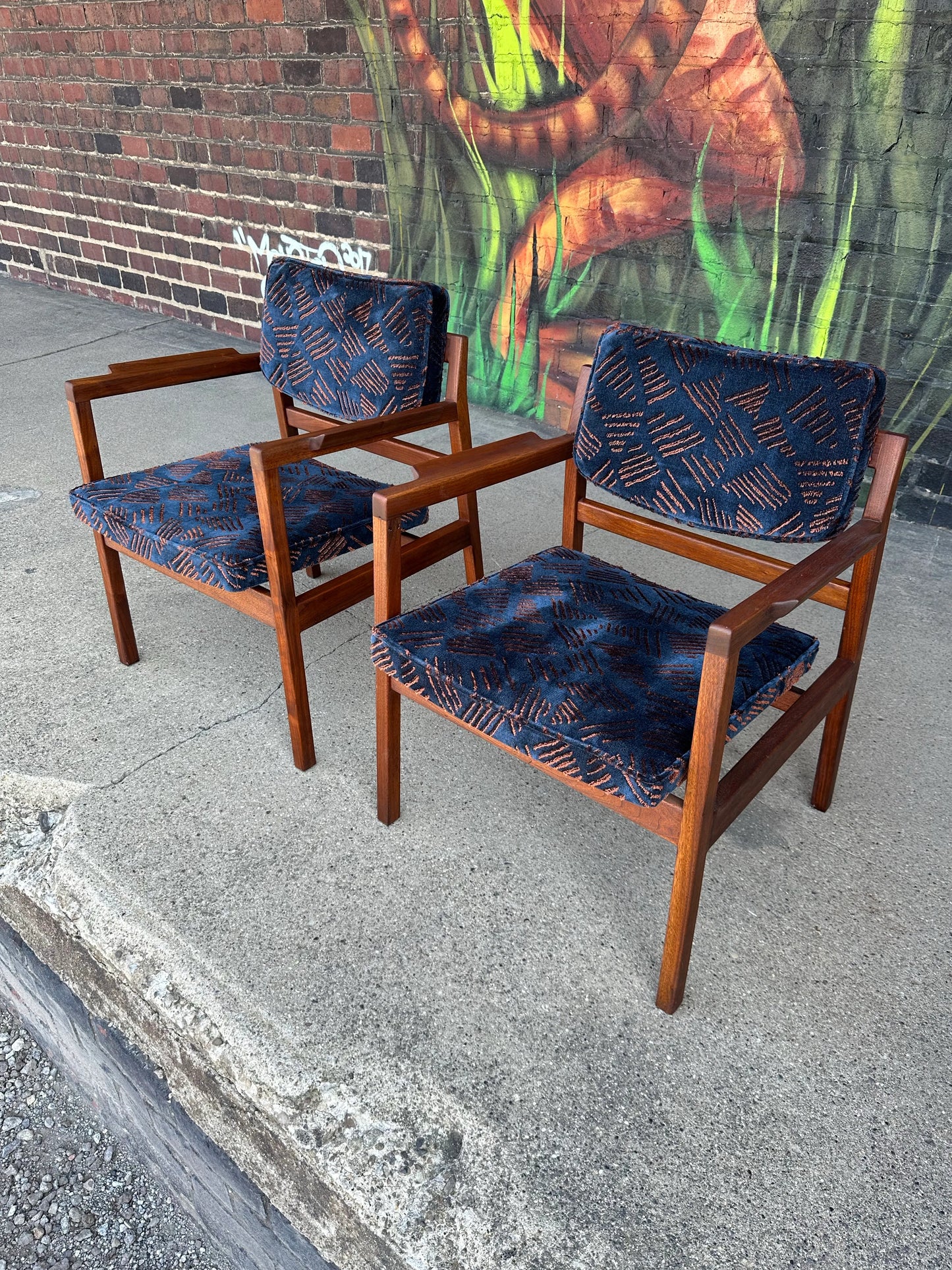Pair of Walnut Jens Risom Arm Chairs in Jack Lenor Larsen Fabric