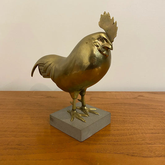 Large Italian Brass Rooster Chicken Statue on Stone Base