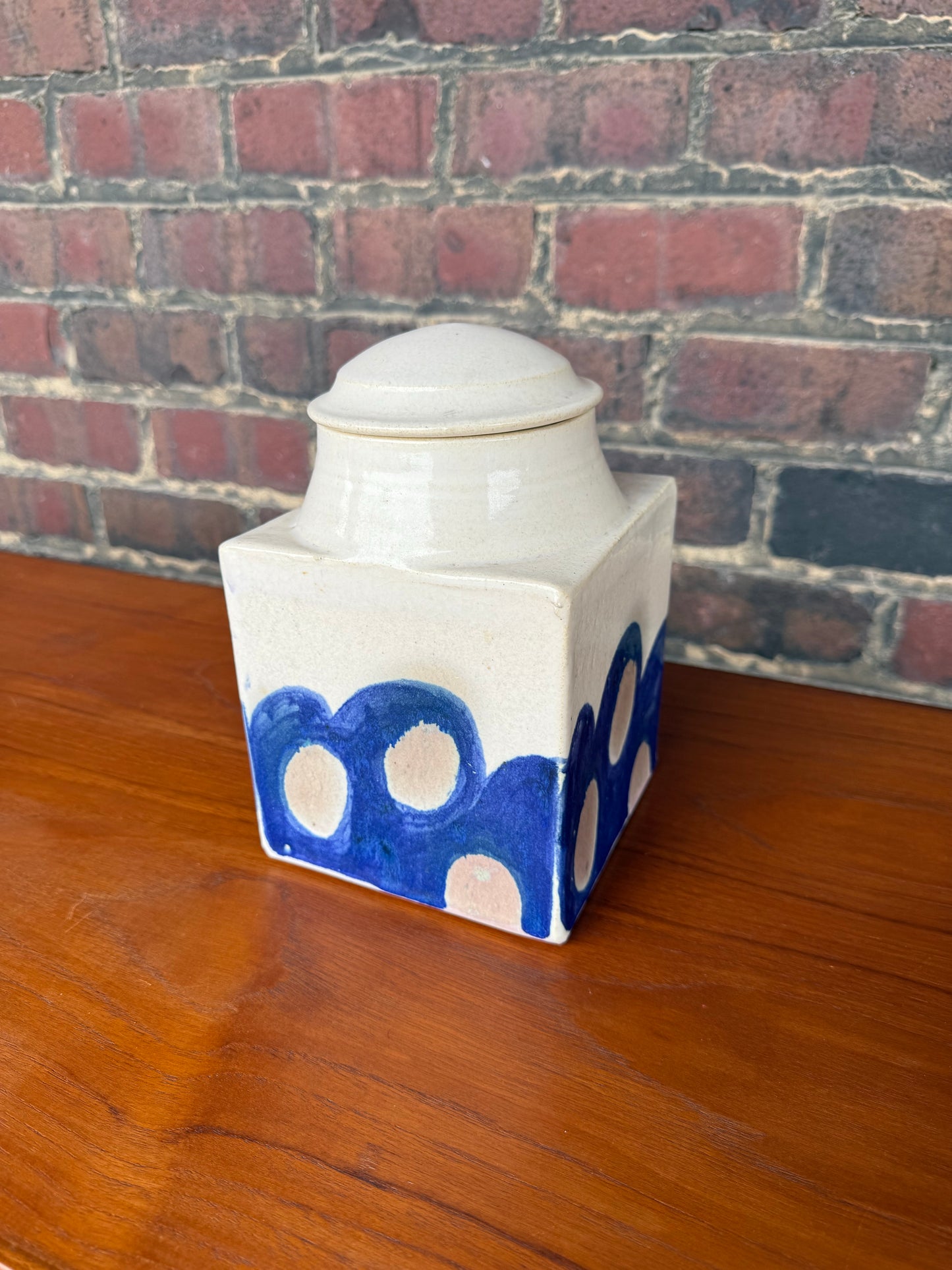 Ceramic Lidded Jar With a Blue Modern Pottery Design Signed