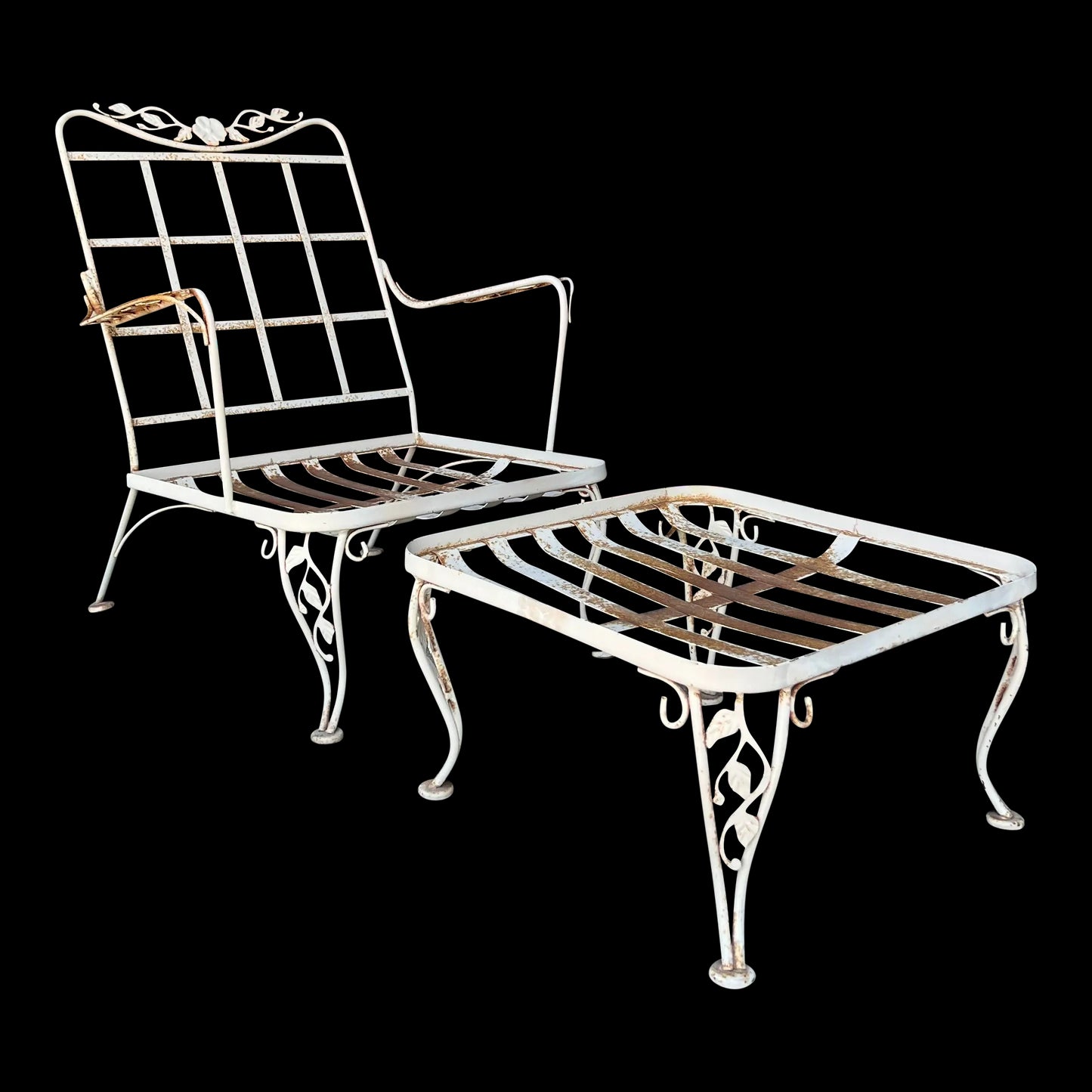 1950s Woodard Lounge Chair and Ottoman Chantilly Rose Pattern Wrought Iron Chair & Ottoman, Attributed
