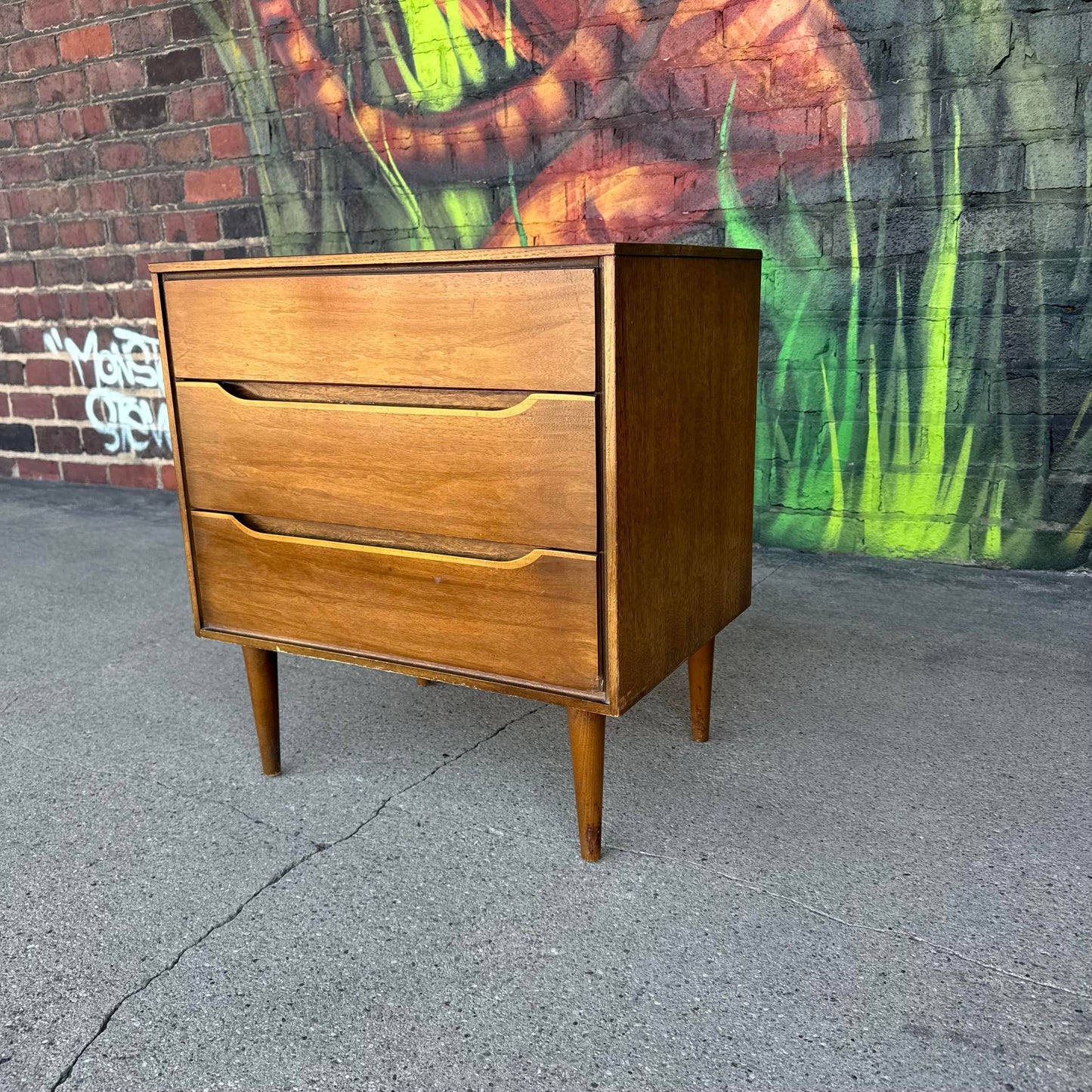 Mid Century Modern Wood Three-Drawer Nightstand