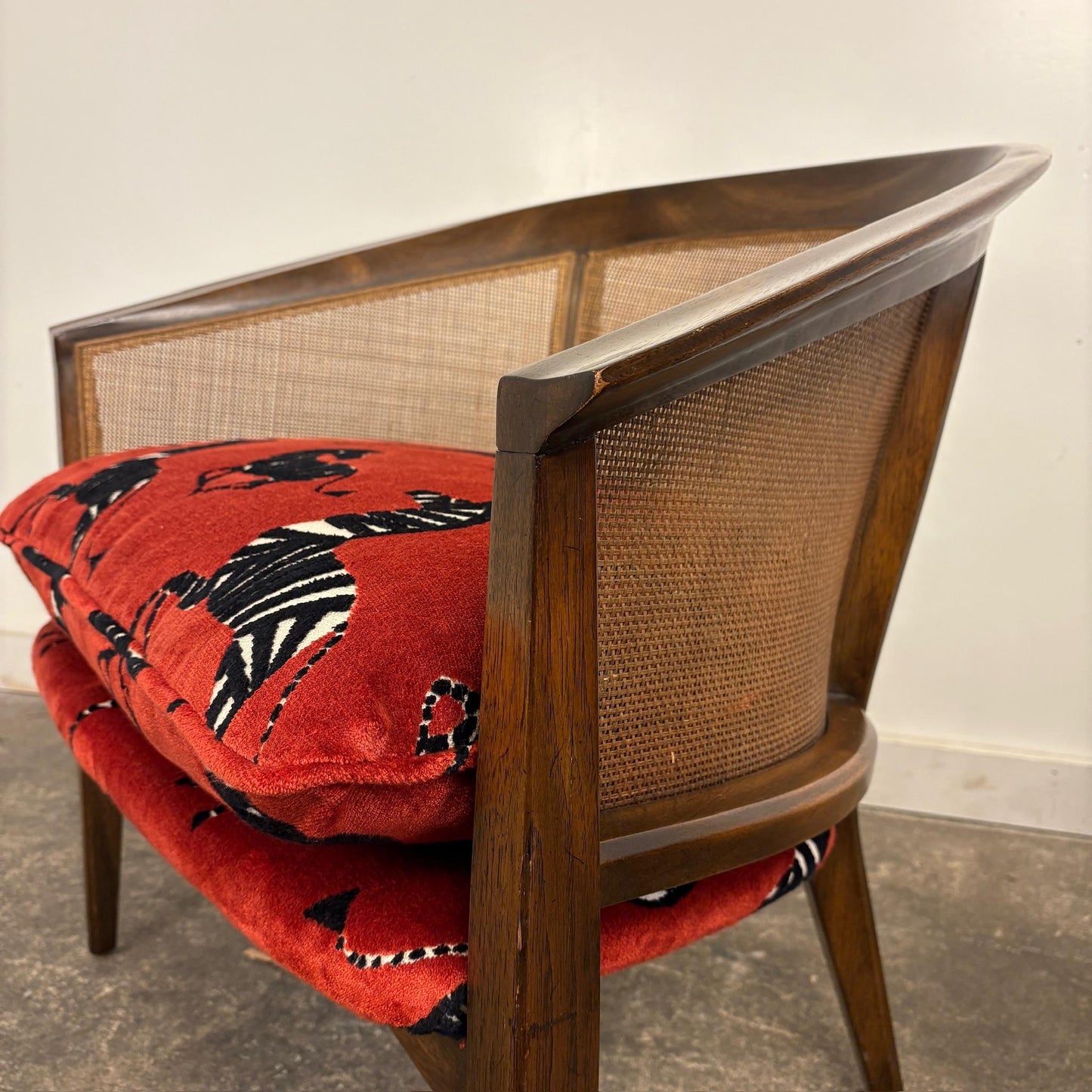 Pair of Mid-Century Caned Back Barrel Club Chairs Attributed to Directional Zebra