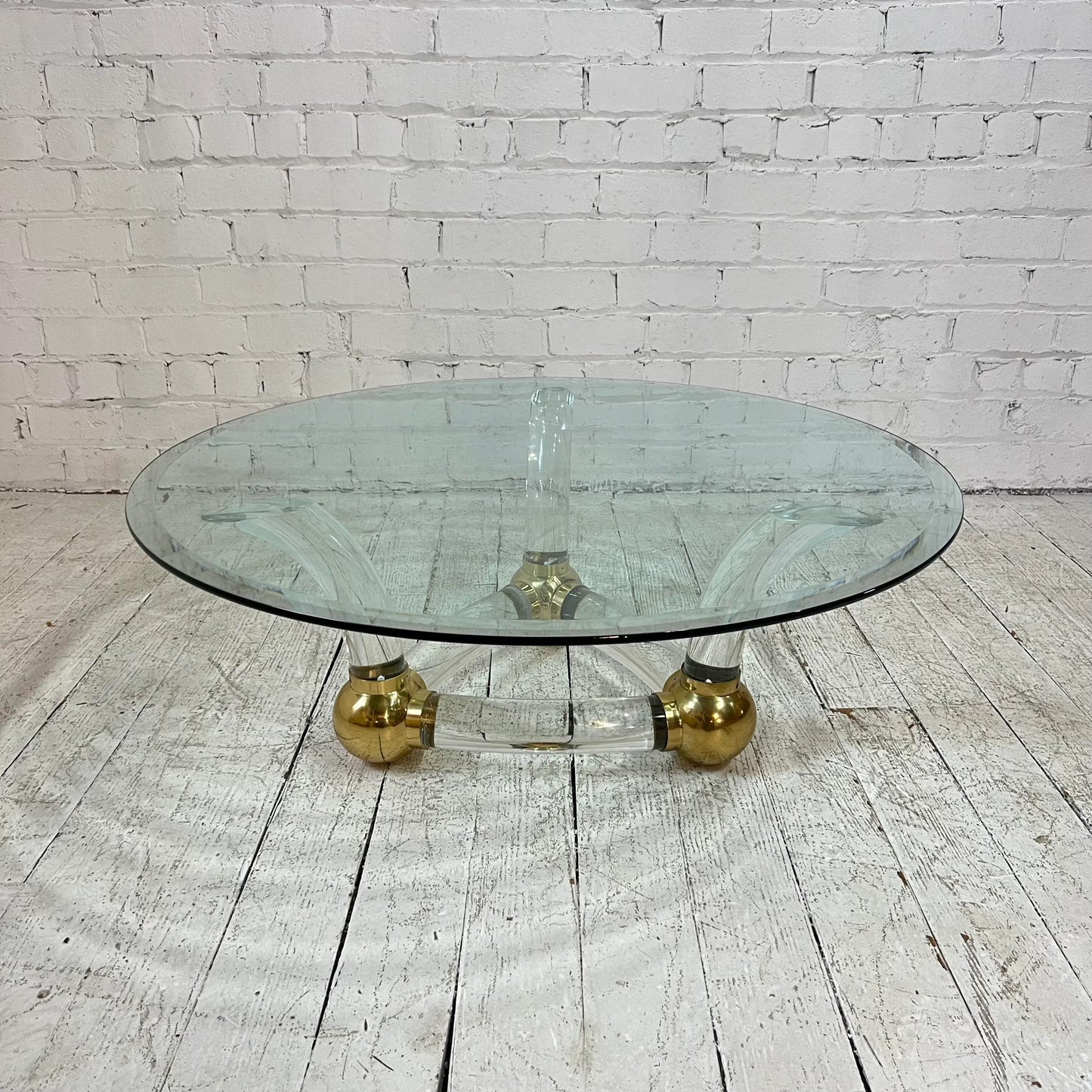 Karl Springer Style Post Modern Circular Glass Coffee Table Lucite and Brass