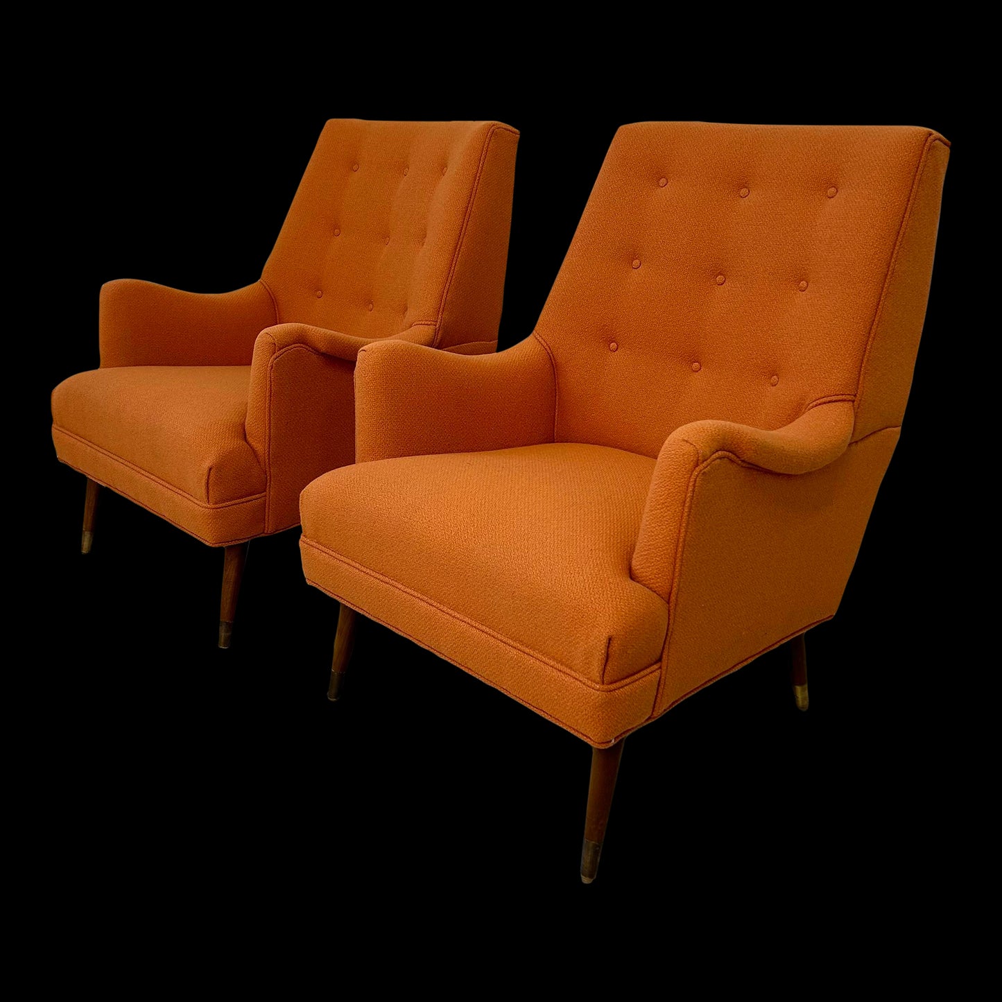 Reupholstered Pair of Orange Mid Century Modern Lounge Chairs