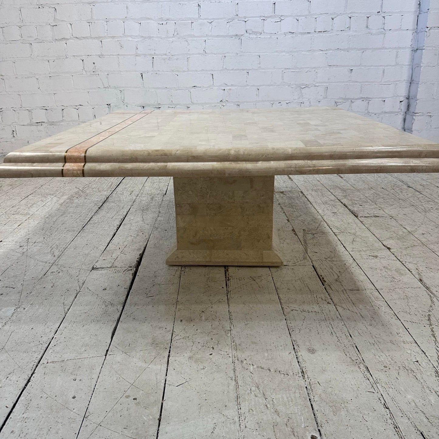 Maitland Smith Tessellated Travertine Pink Marble and Brass Square Coffee Table