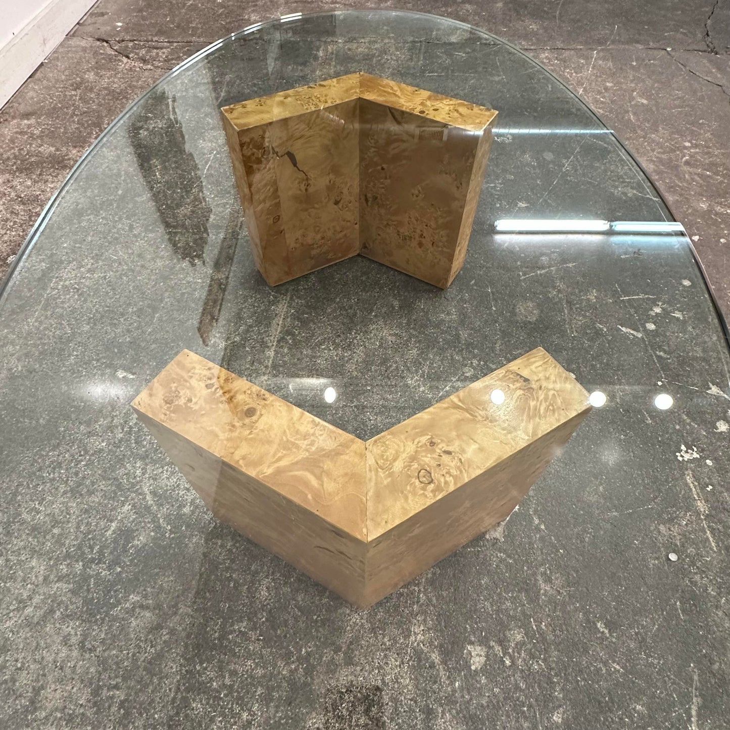 Baughman Style Burl Wood and Glass Oval Coffee Table