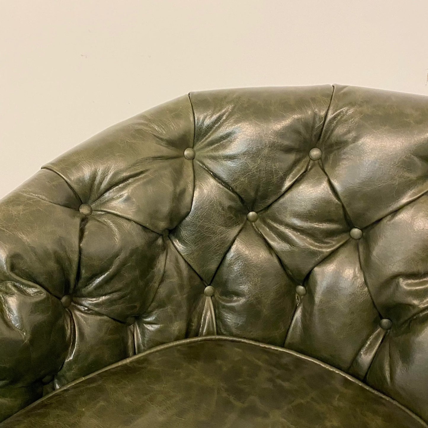 Mid Century Modern Milo Baughman Style Reupholstered Leather Barrel Back Chair. Green