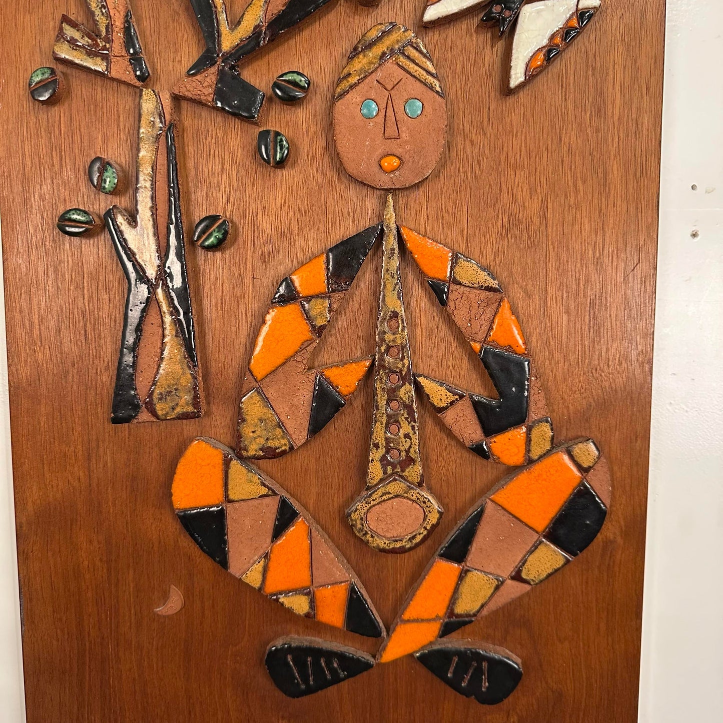 Mid Century Modern Ceramic Mosaic on Teak Wood La Luna