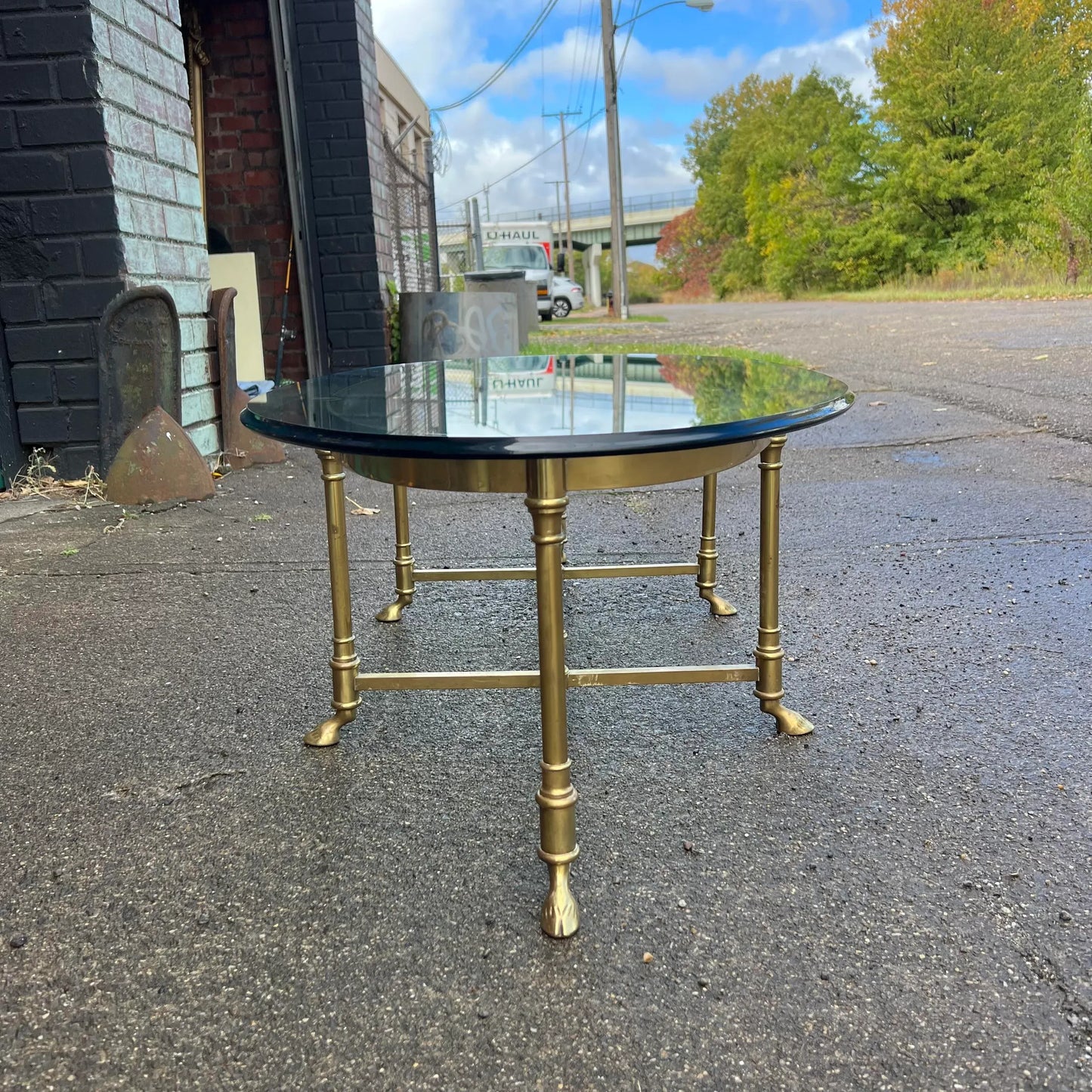 Large Racetrack Labarge Glass and Brass Oval Coffee Table